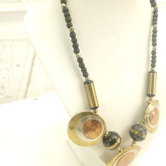 Womens Black Beads Hammered Circular Discs Bronze Metal Statement Necklace - Picture 3 of 14